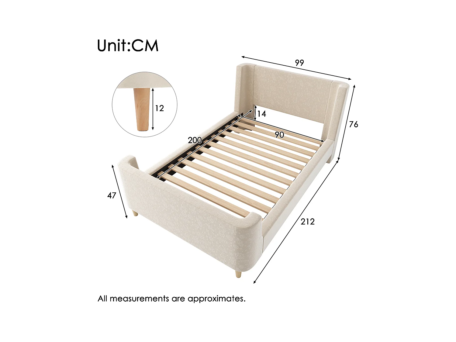 Lit enfant 90x200 cm - Lit ado avec sommier à lattes en bois - Imprimé dessin animé - velours beige
