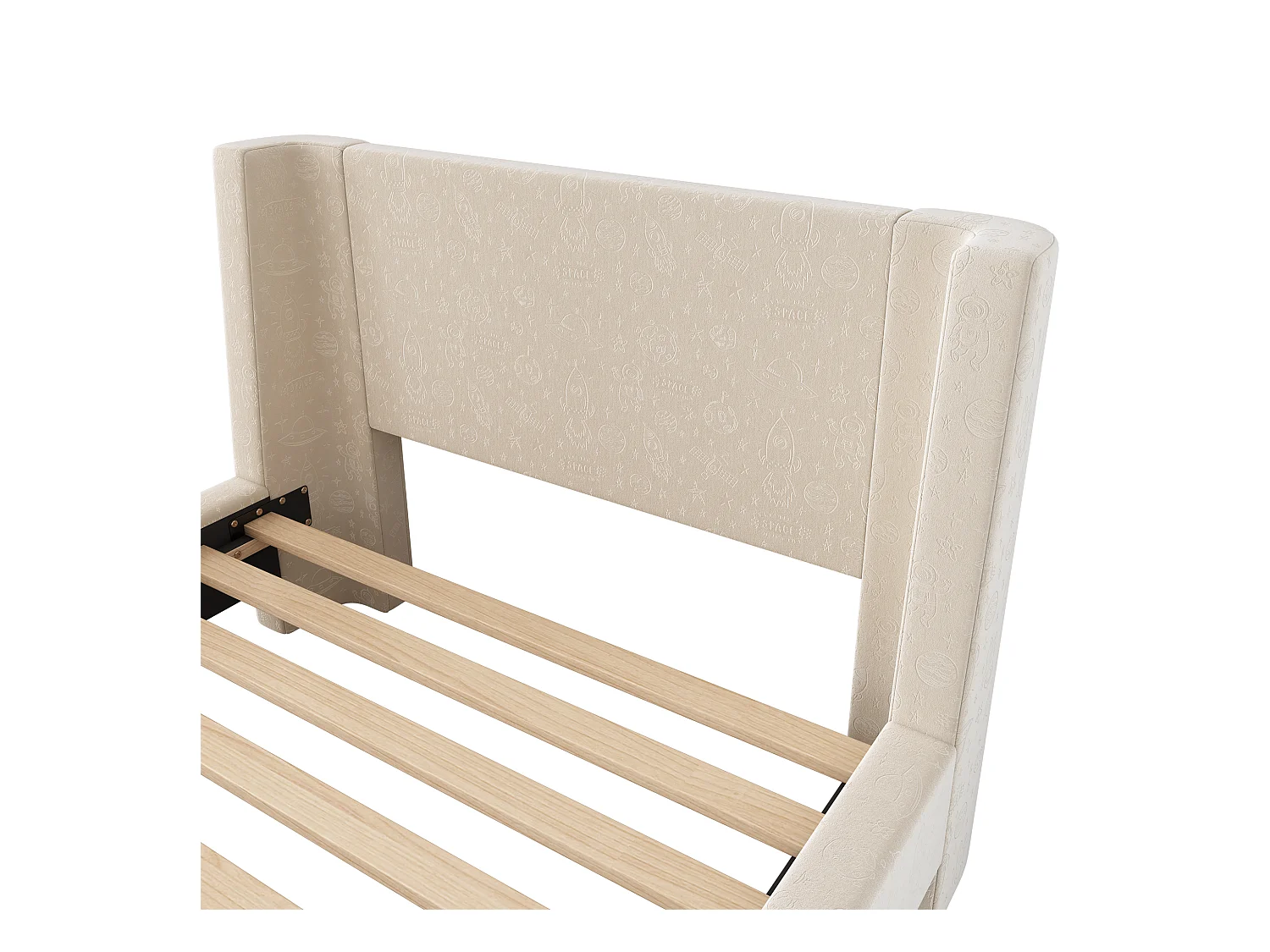 Lit enfant 90x200 cm - Lit ado avec sommier à lattes en bois - Imprimé dessin animé - velours beige