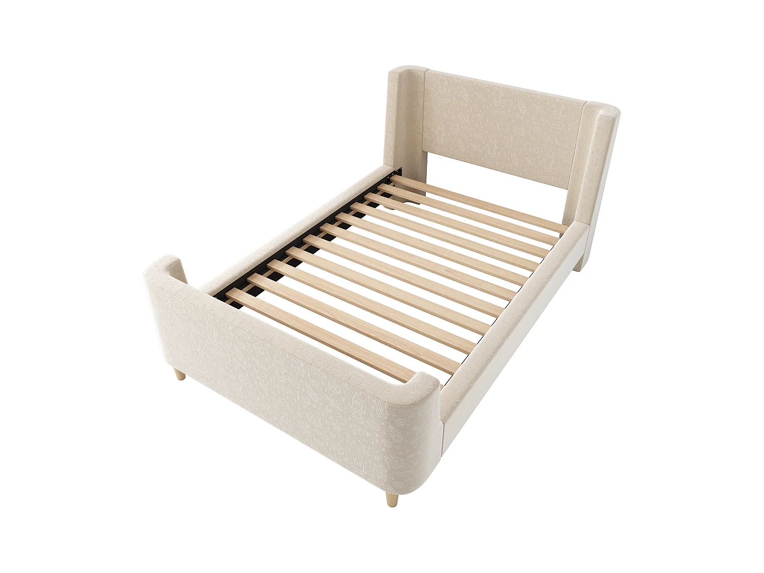 Lit enfant 90x200 cm - Lit ado avec sommier à lattes en bois - Imprimé dessin animé - velours beige