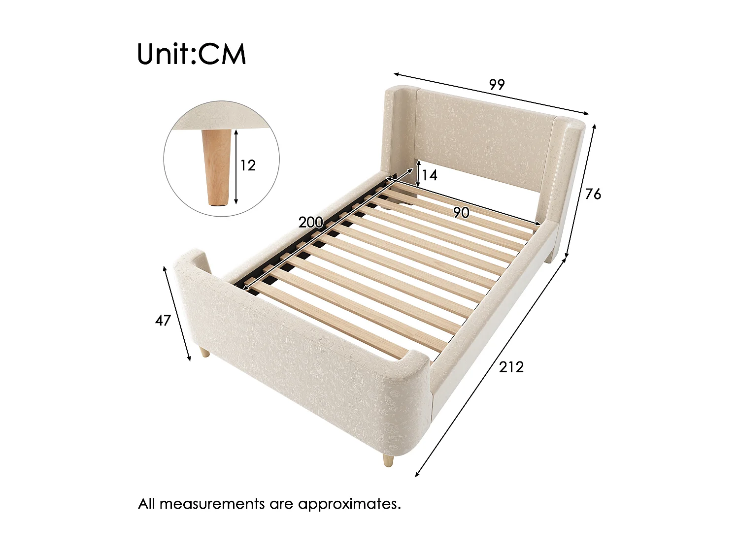 Lit enfant 90x200 cm - Lit ado avec sommier à lattes en bois - Imprimé dessin animé - velours beige