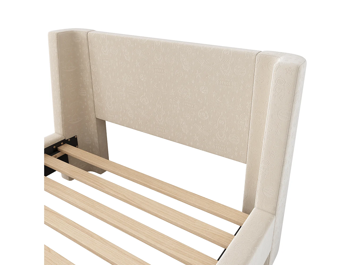 Lit enfant 90x200 cm - Lit ado avec sommier à lattes en bois - Imprimé dessin animé - velours beige