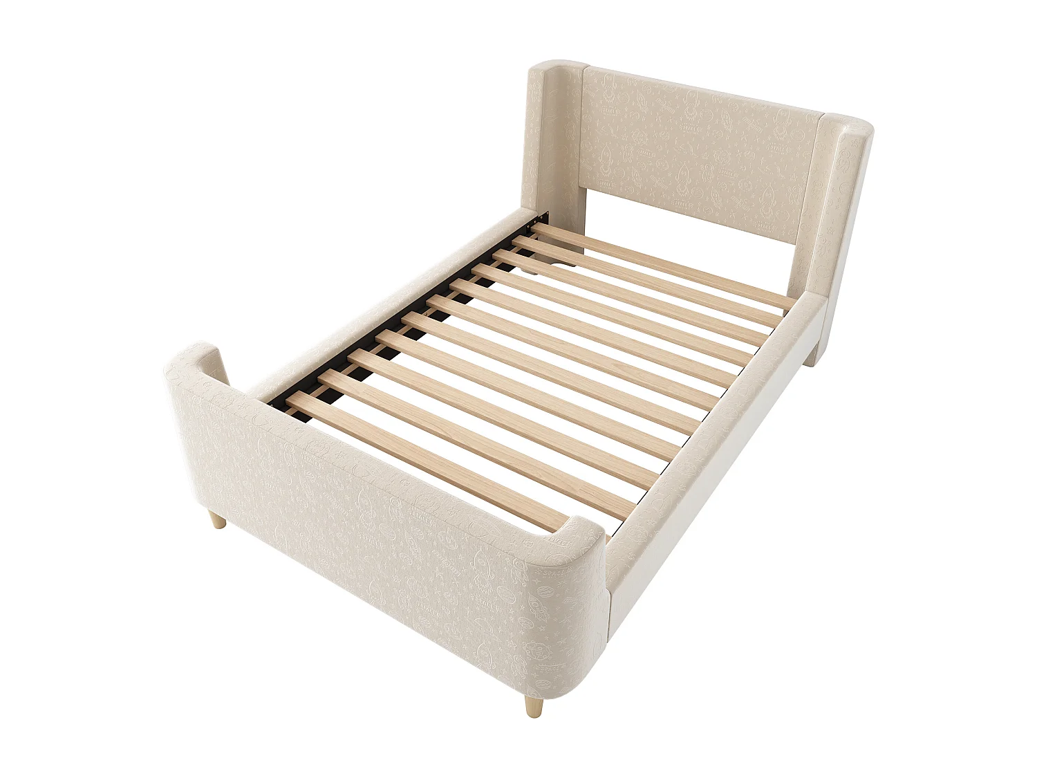 Lit enfant 90x200 cm - Lit ado avec sommier à lattes en bois - Imprimé dessin animé - velours beige