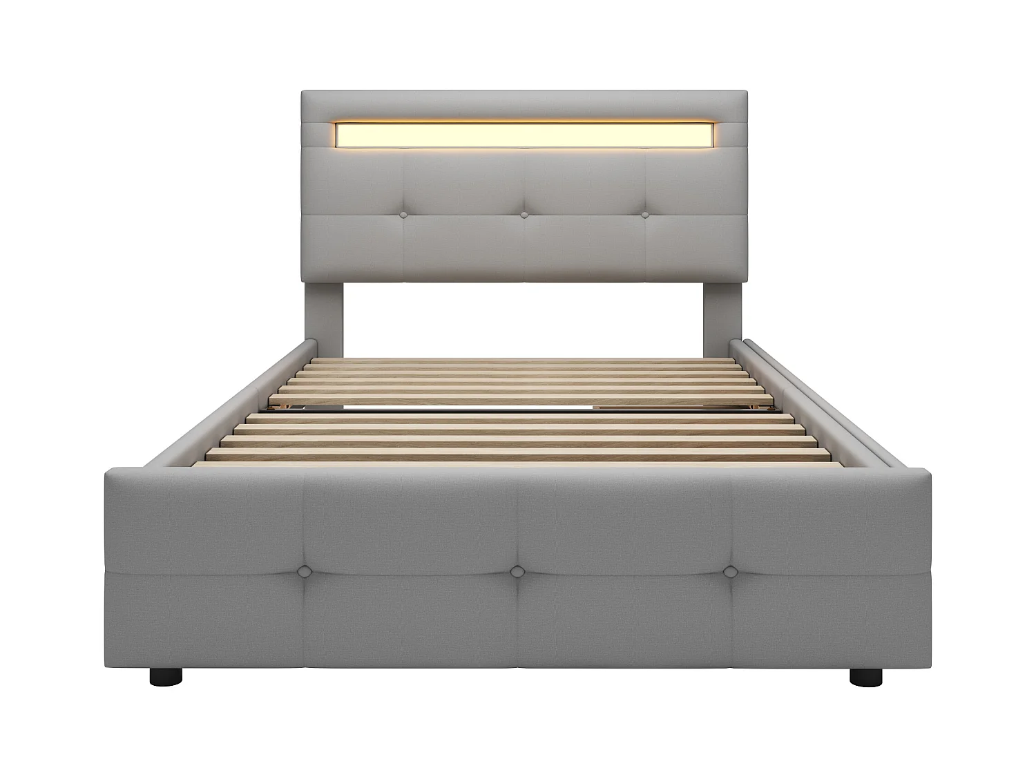 Lit simple 90x200 cm - Lit ado avec éclairage LED - 2 tiroirs de rangement - lin gris