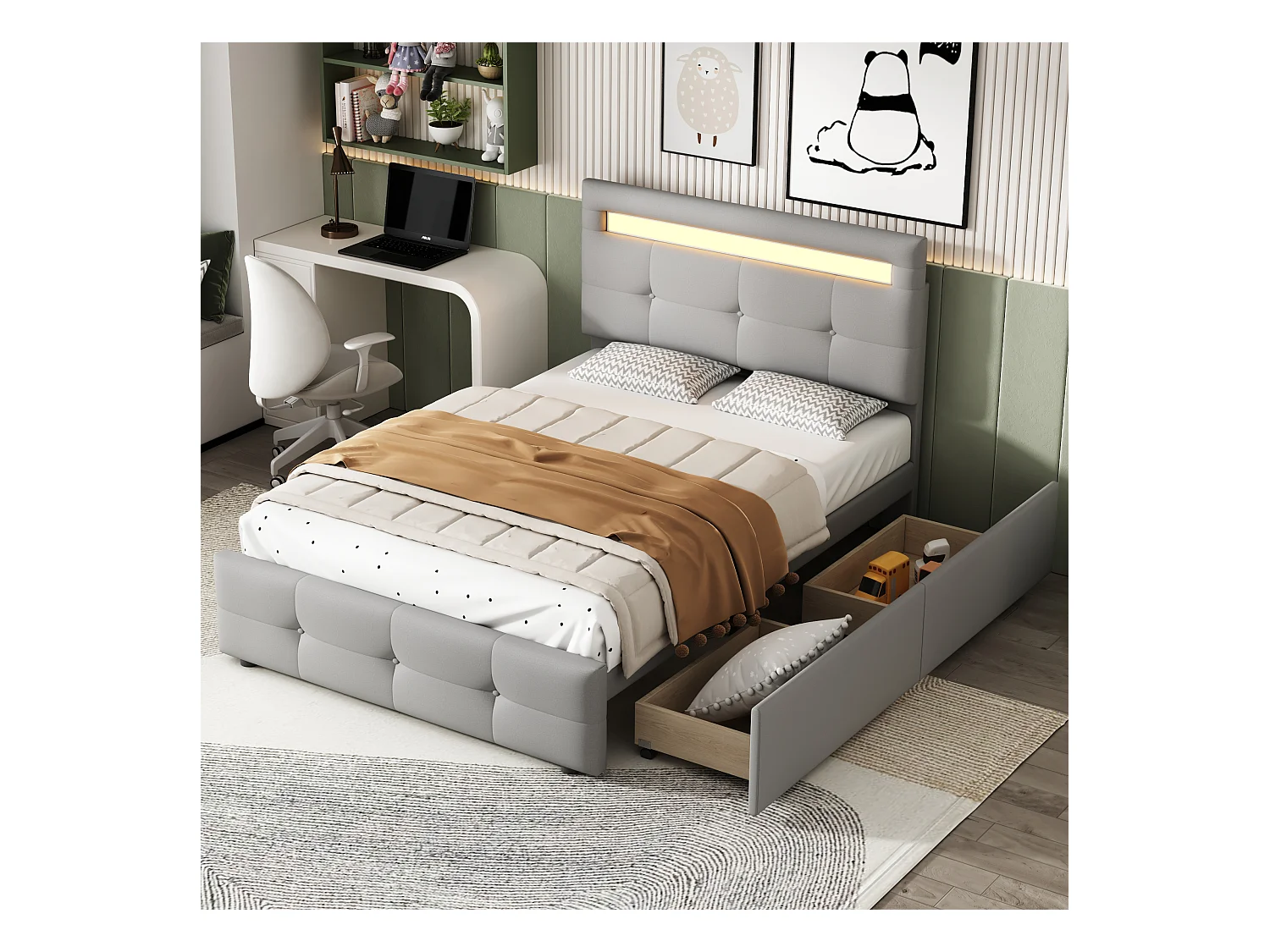 Cama individual 90x200 cm - Cama juvenil con iluminación LED - 2 cajones - lino gris