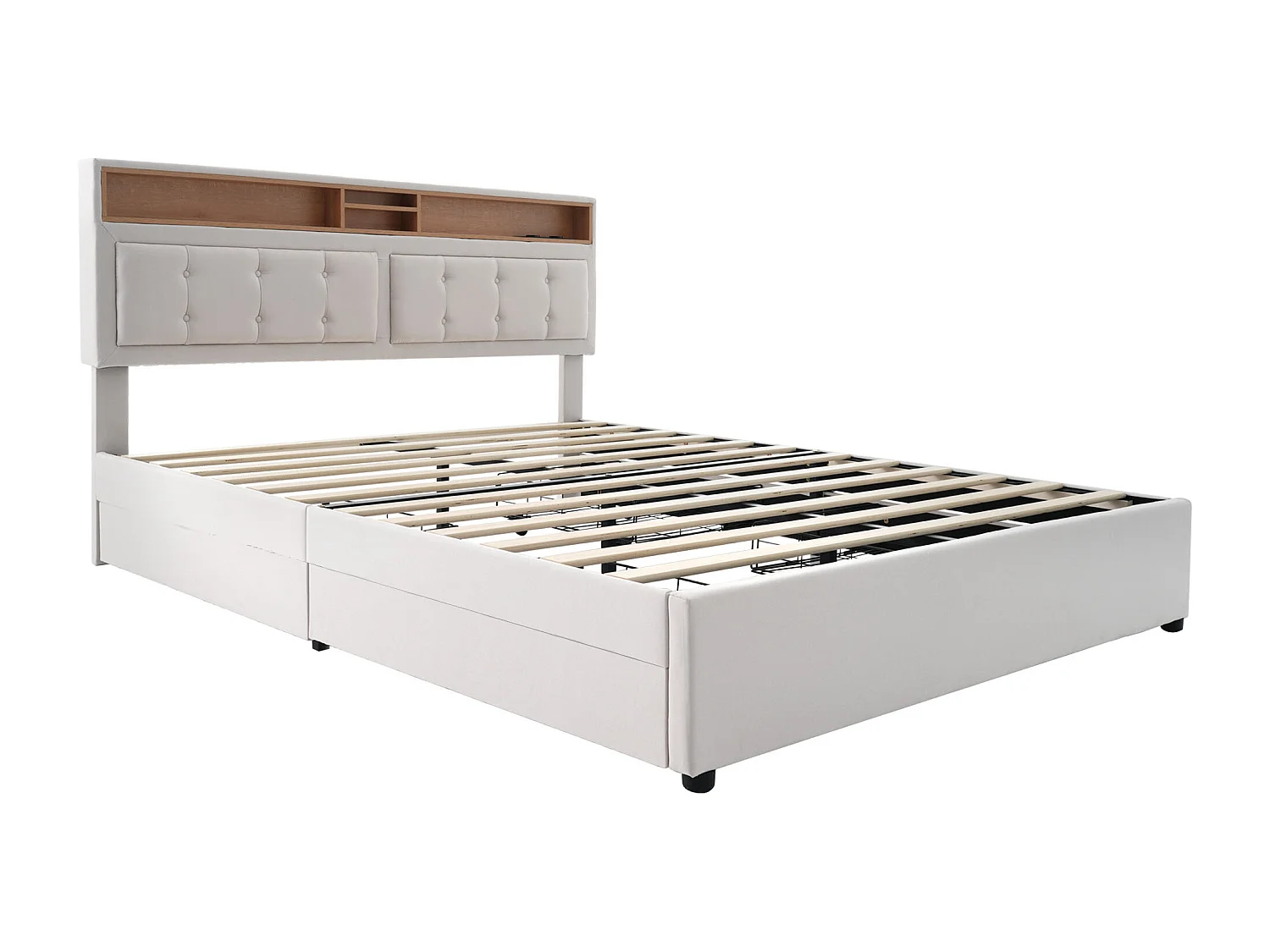 Lit adulte 140x200 cm - Lit double avec chargement USB et 4 tiroirs - Tête de lit réglable - Lin beige