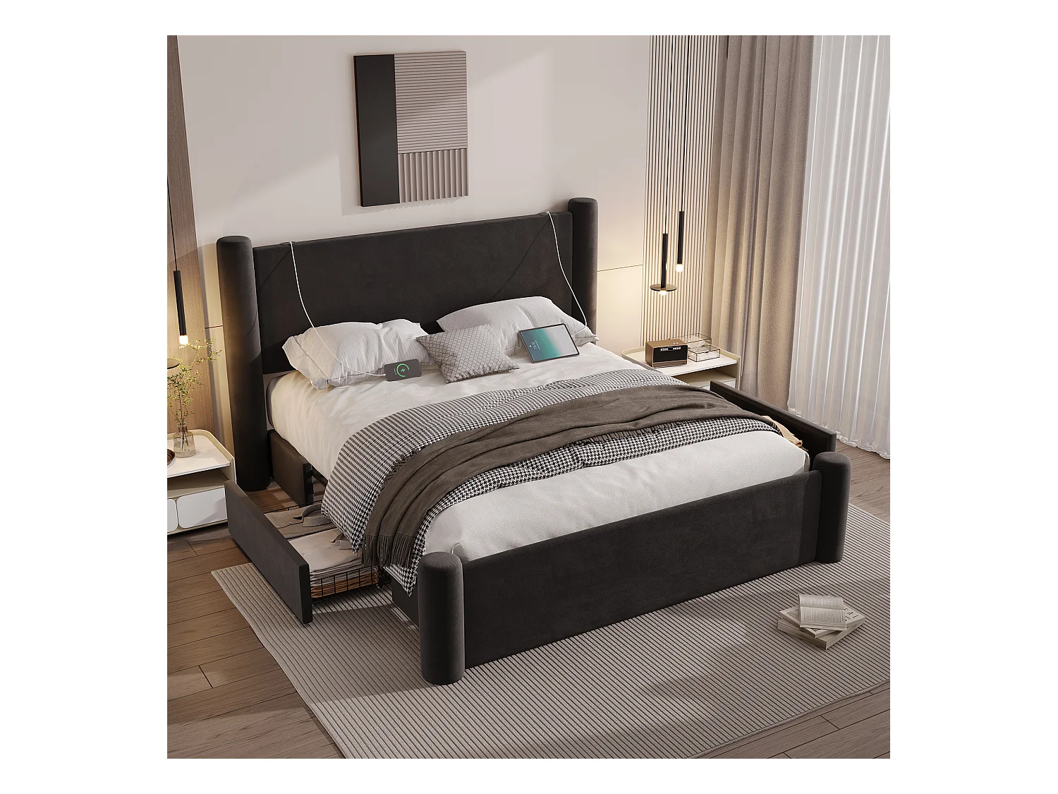 Lit double 140x200 cm - Lit adulte avec chargeur USB et 2 tiroirs - pieds cylindriques - velours noir