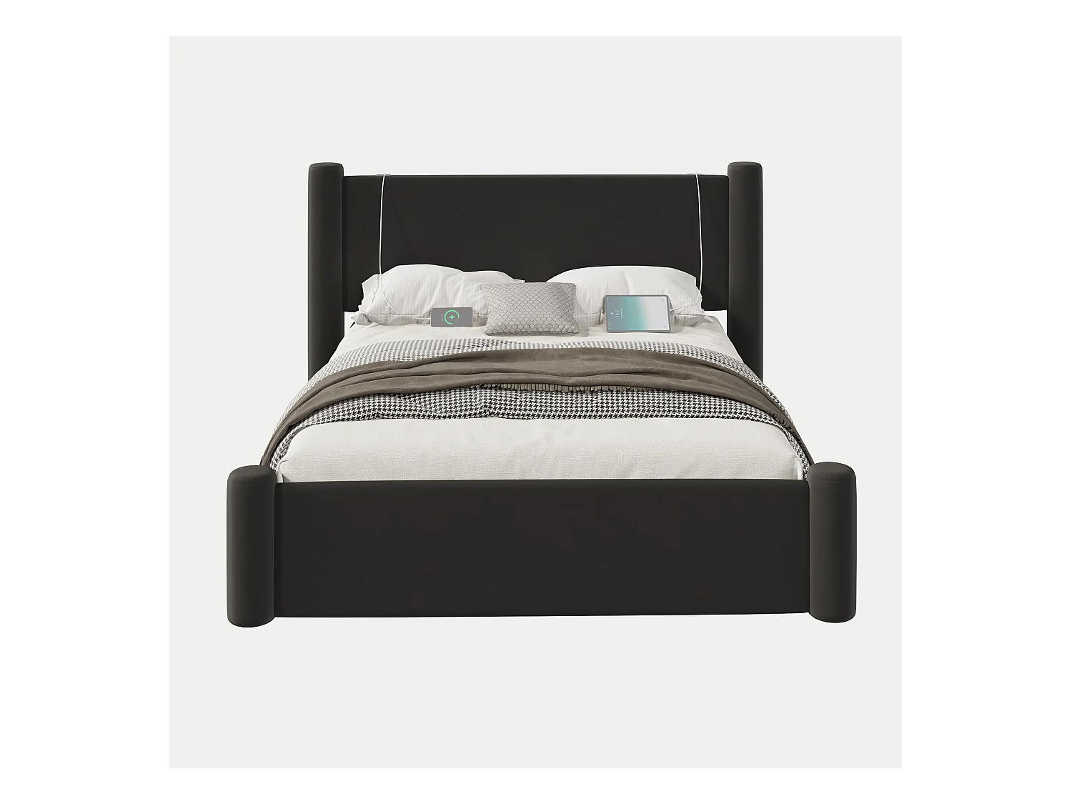 Lit double 140x200 cm - Lit adulte avec chargeur USB et 2 tiroirs - pieds cylindriques - velours noir