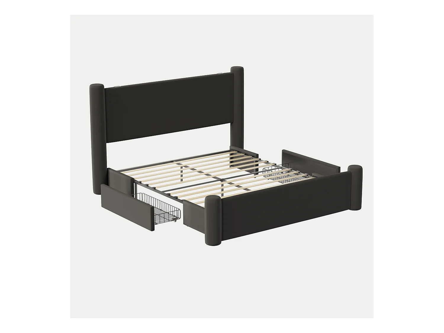 Lit double 140x200 cm - Lit adulte avec chargeur USB et 2 tiroirs - pieds cylindriques - velours noir