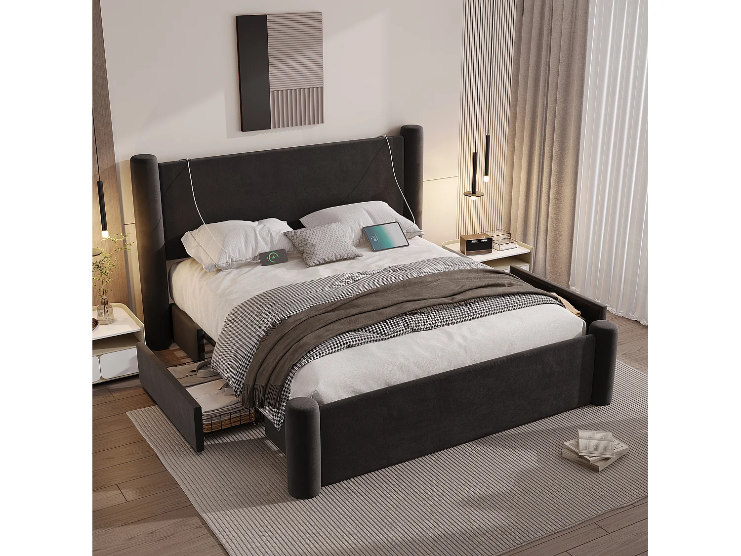 Lit double 140x200 cm - Lit adulte avec chargeur USB et 2 tiroirs - pieds cylindriques - velours noir