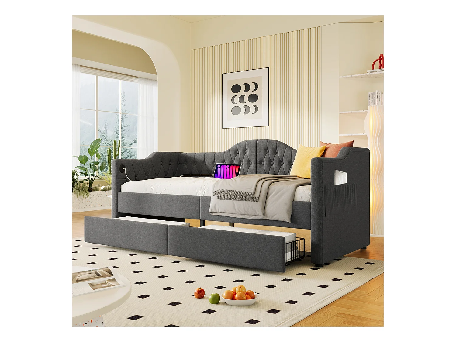 Lit capitonné 90x200 cm - Canapé-lit avec 2 tiroirs et chargement USB - lin gris - sans matelas