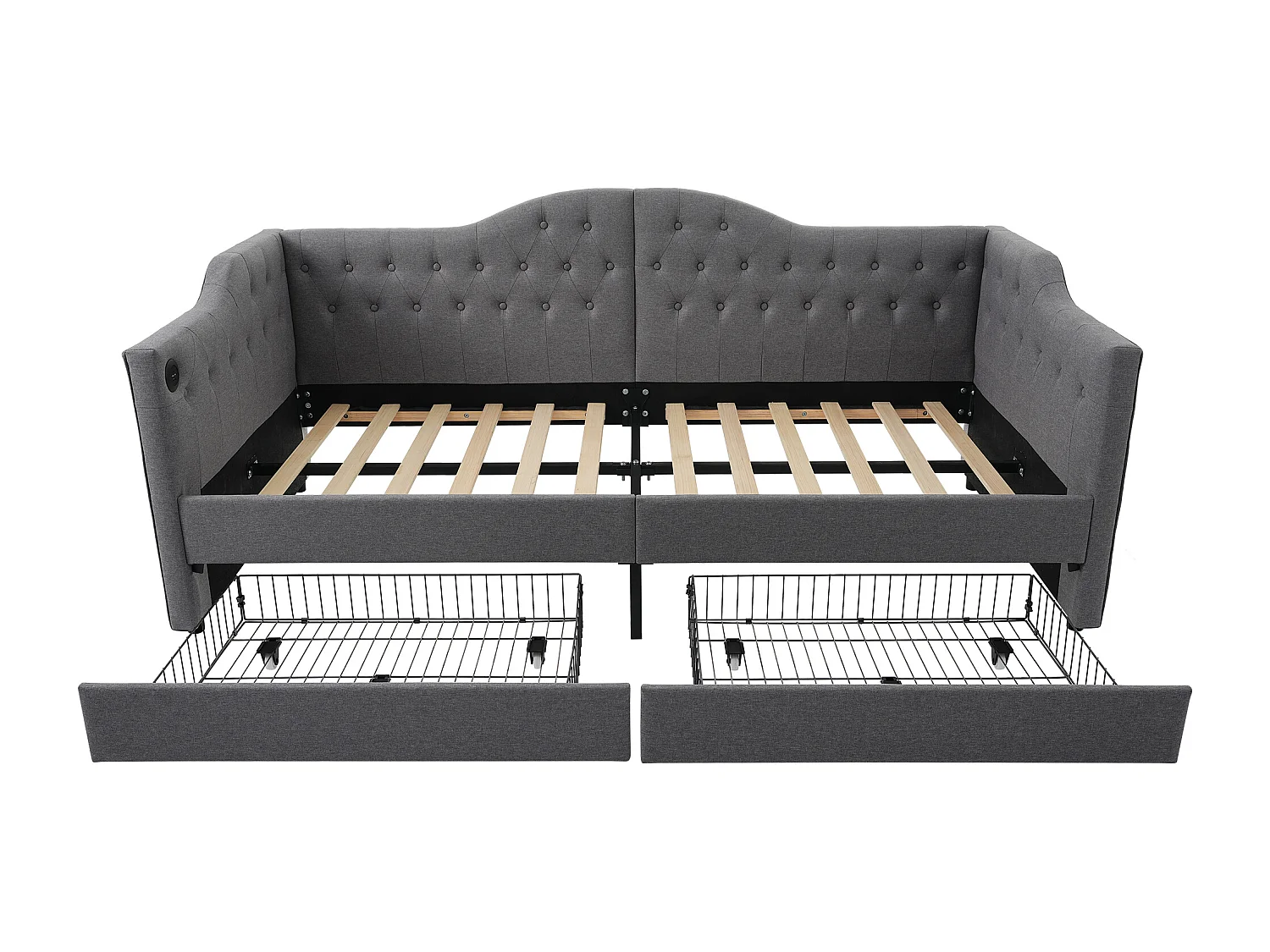 Letto imbottito 90x200 cm - Divano letto con 2 cassetti e ricarica USB - lino grigio - senza materasso