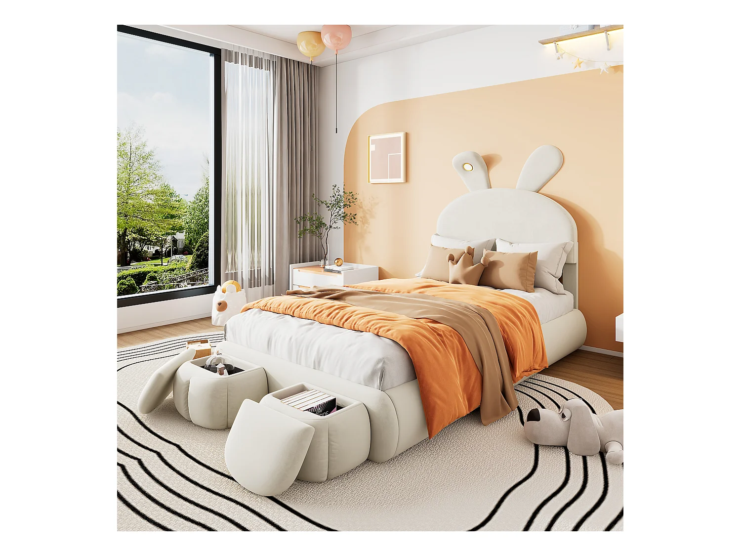 Cama simples infantil 90x200cm, em veludo bege com orelhas de coelho, LED e armazenamento divertido (sem colchão)