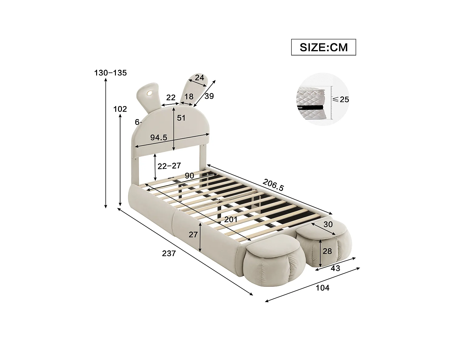 Cama simples infantil 90x200cm, em veludo bege com orelhas de coelho, LED e armazenamento divertido (sem colchão)