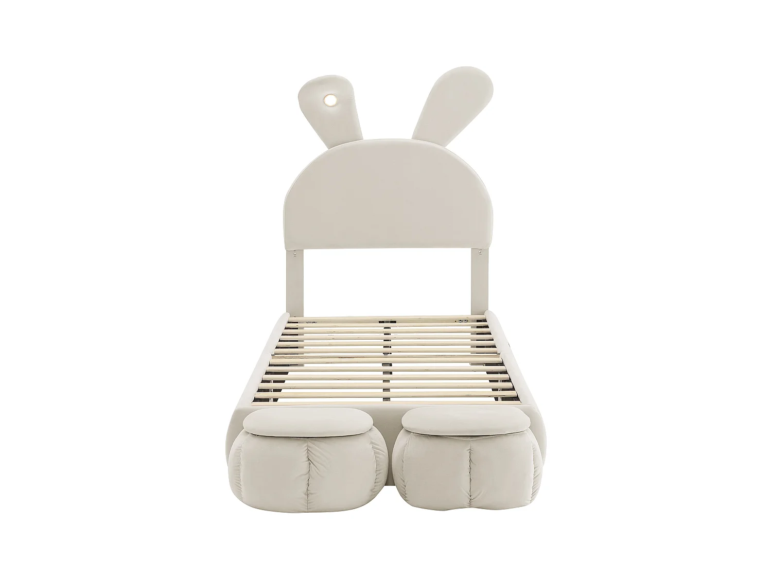 Cama simples infantil 90x200cm, em veludo bege com orelhas de coelho, LED e armazenamento divertido (sem colchão)