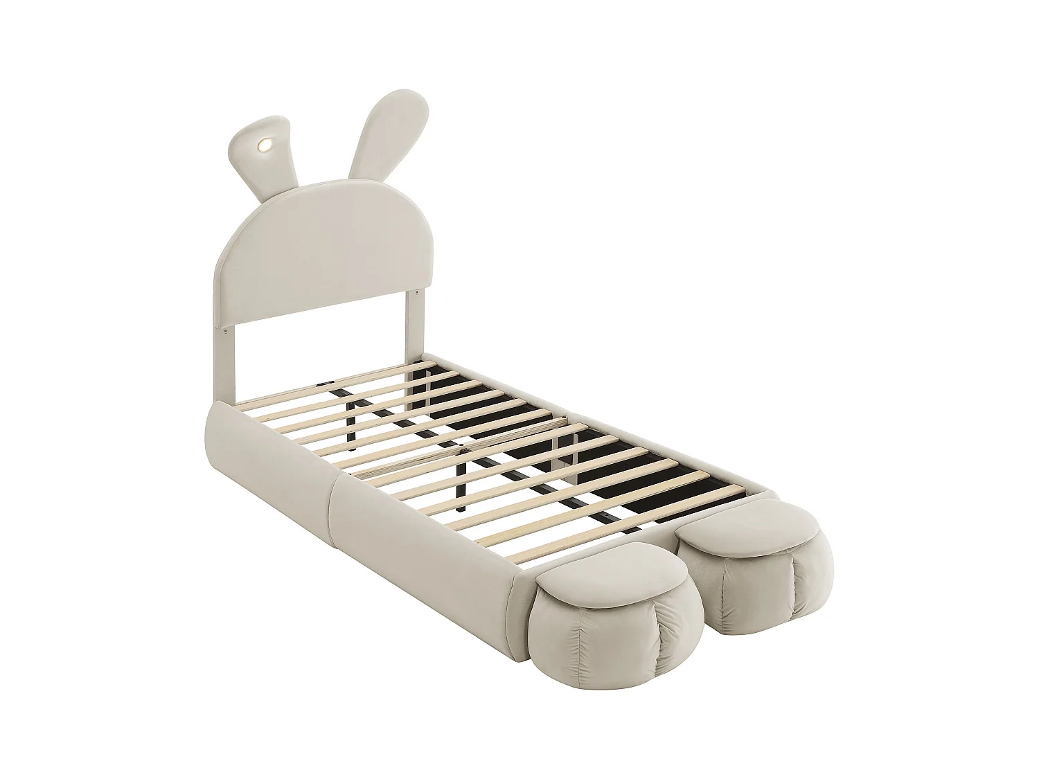 Cama simples infantil 90x200cm, em veludo bege com orelhas de coelho, LED e armazenamento divertido (sem colchão)