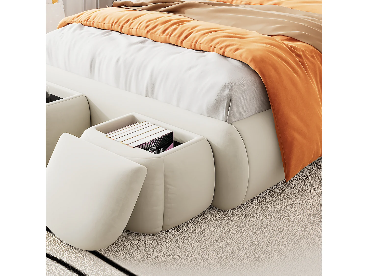 Lit enfant 90x200cm beige en velours avec LED, rangements ludiques, sans matelas