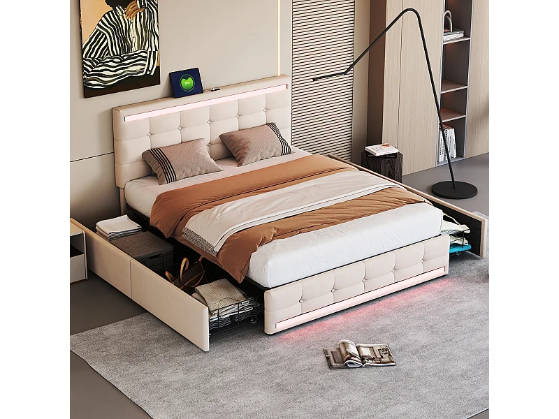 Lit adulte 140x200cm avec LED, lit adulte, ports USB et 4 tiroirs de rangement, en tissu lin beige(sans matelas)