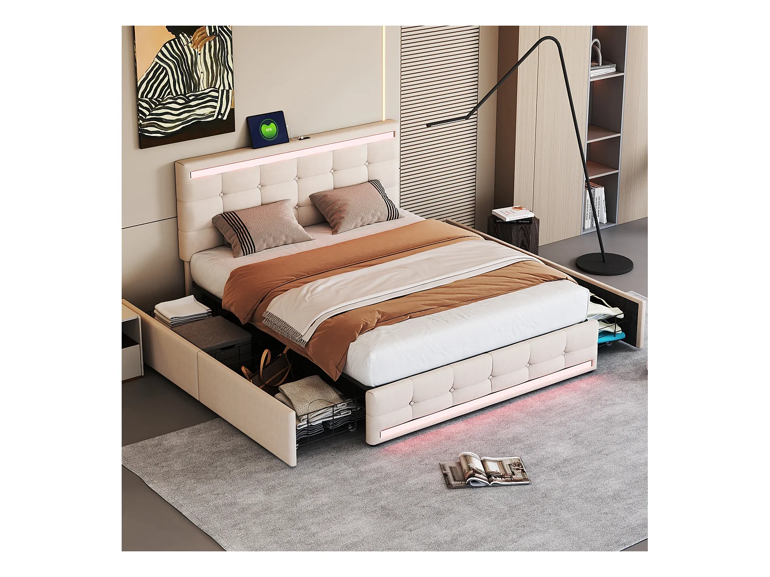 Lit adulte 140x200cm avec LED, lit adulte, ports USB et 4 tiroirs de rangement, en tissu lin beige(sans matelas)