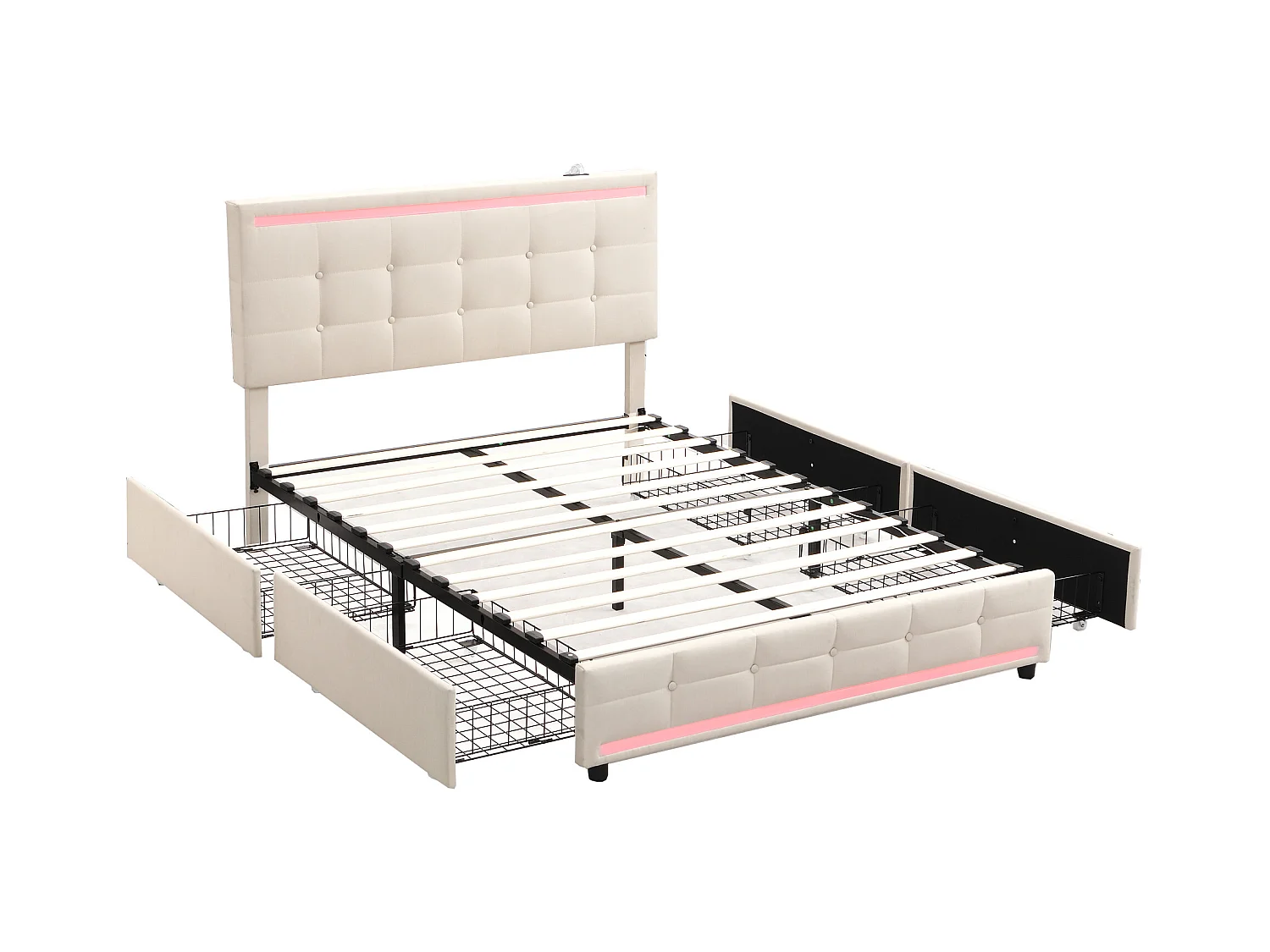 Lit adulte 140x200cm avec LED, lit adulte, ports USB et 4 tiroirs de rangement, en tissu lin beige(sans matelas)