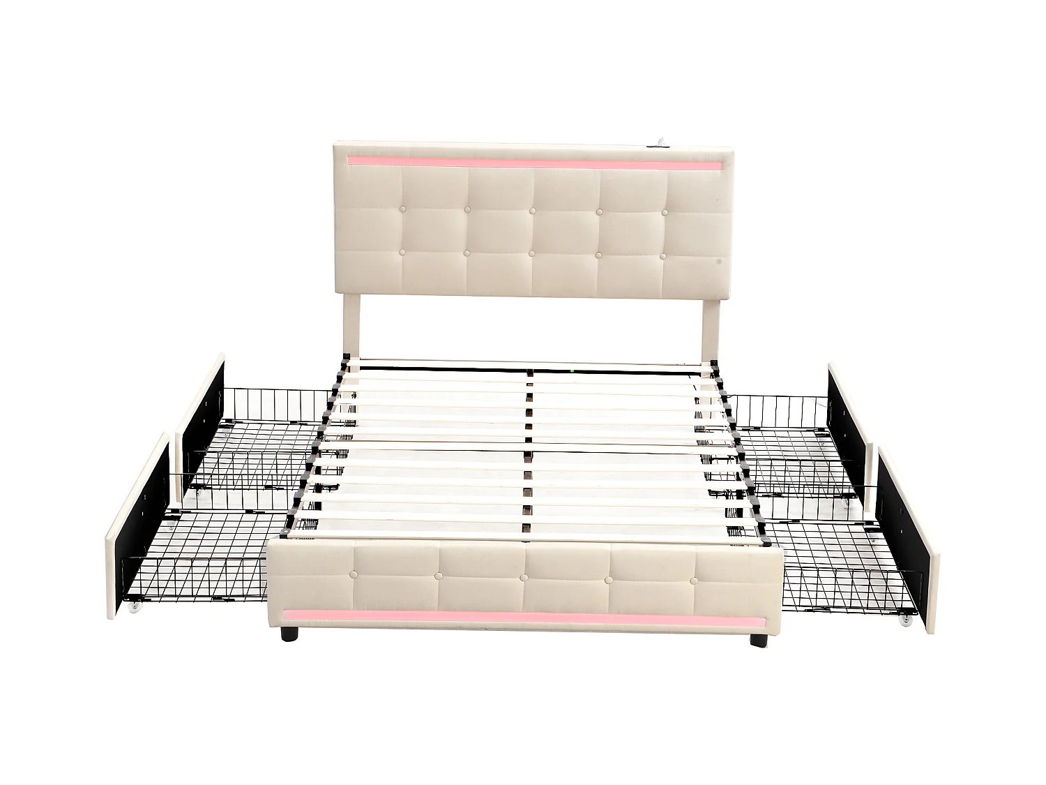 Lit adulte 140x200cm avec LED, lit adulte, ports USB et 4 tiroirs de rangement, en tissu lin beige(sans matelas)