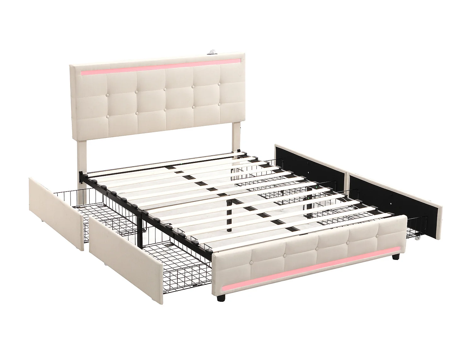 Lit adulte 140x200cm avec LED, lit adulte, ports USB et 4 tiroirs de rangement, en tissu lin beige(sans matelas)