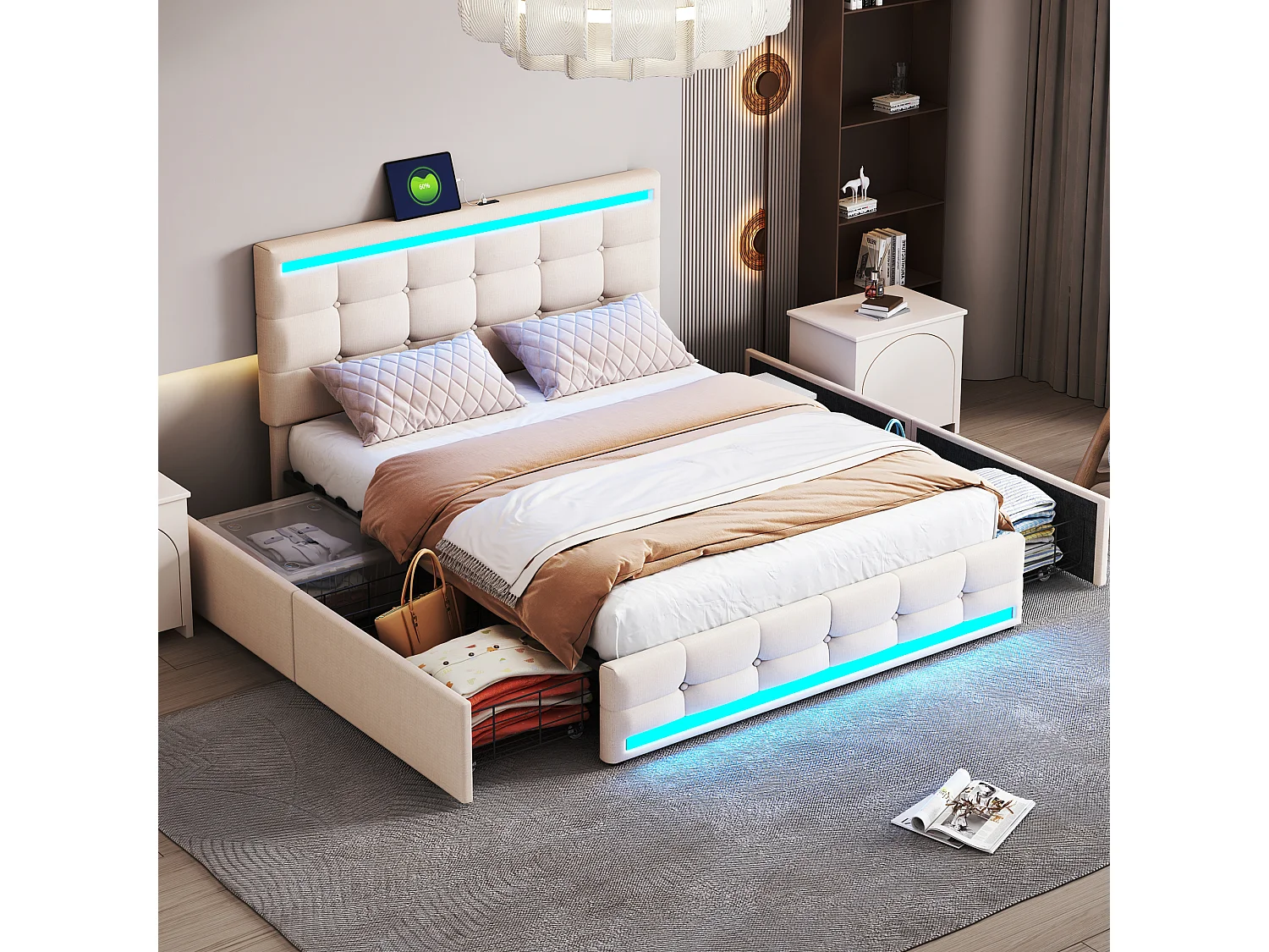 Lit adulte 140x200cm avec LED, lit adulte, ports USB et 4 tiroirs de rangement, en tissu lin beige(sans matelas)