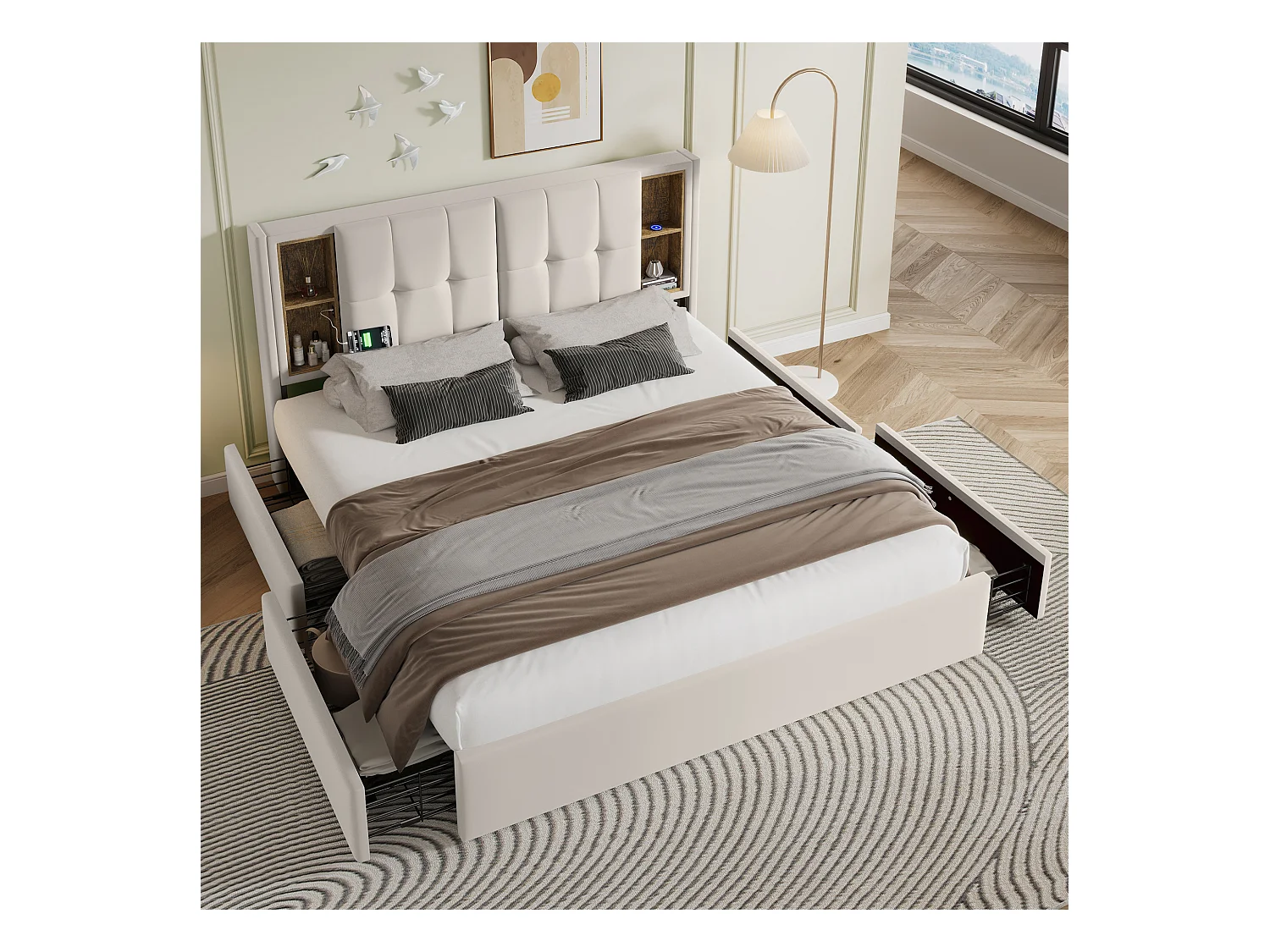 Lit adulte 160x200 cm - Lit double avec USB et recharge sans fil - 4 tiroirs - velours beige