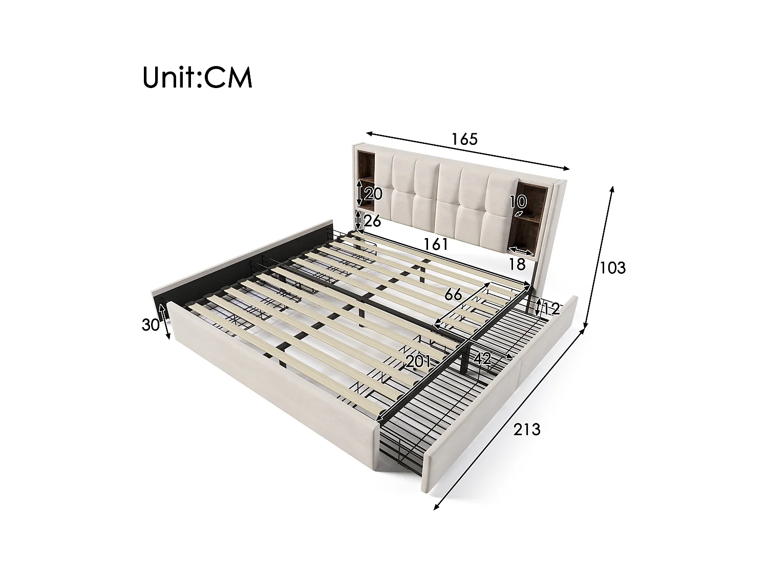 Lit adulte 160x200 cm - Lit double avec USB et recharge sans fil - 4 tiroirs - velours beige