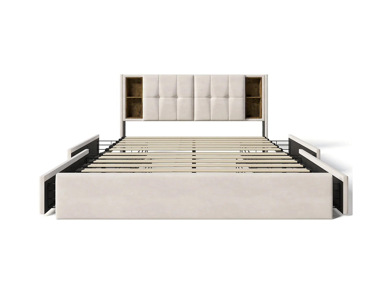 Lit adulte 160x200 cm - Lit double avec USB et recharge sans fil - 4 tiroirs - velours beige