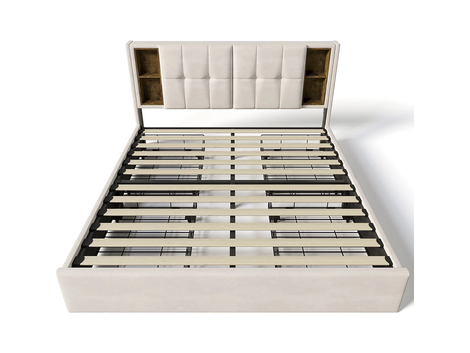 Lit adulte 160x200 cm - Lit double avec USB et recharge sans fil - 4 tiroirs - velours beige