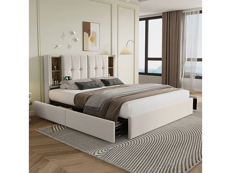 Lit adulte 160x200 cm - Lit double avec USB et recharge sans fil - 4 tiroirs - velours beige