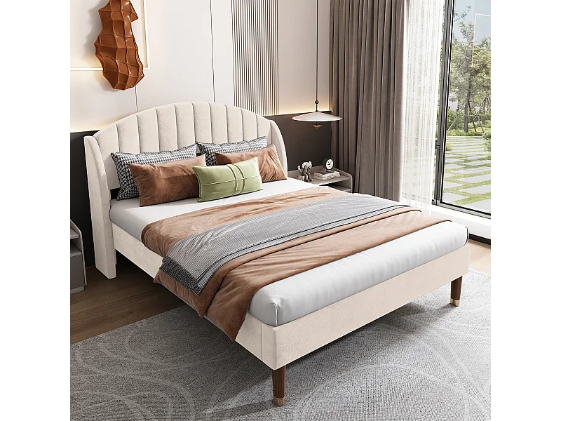 Lit double 140x200 cm - Lit adulte avec tête de lit et sommier à lattes en bois - velours beige