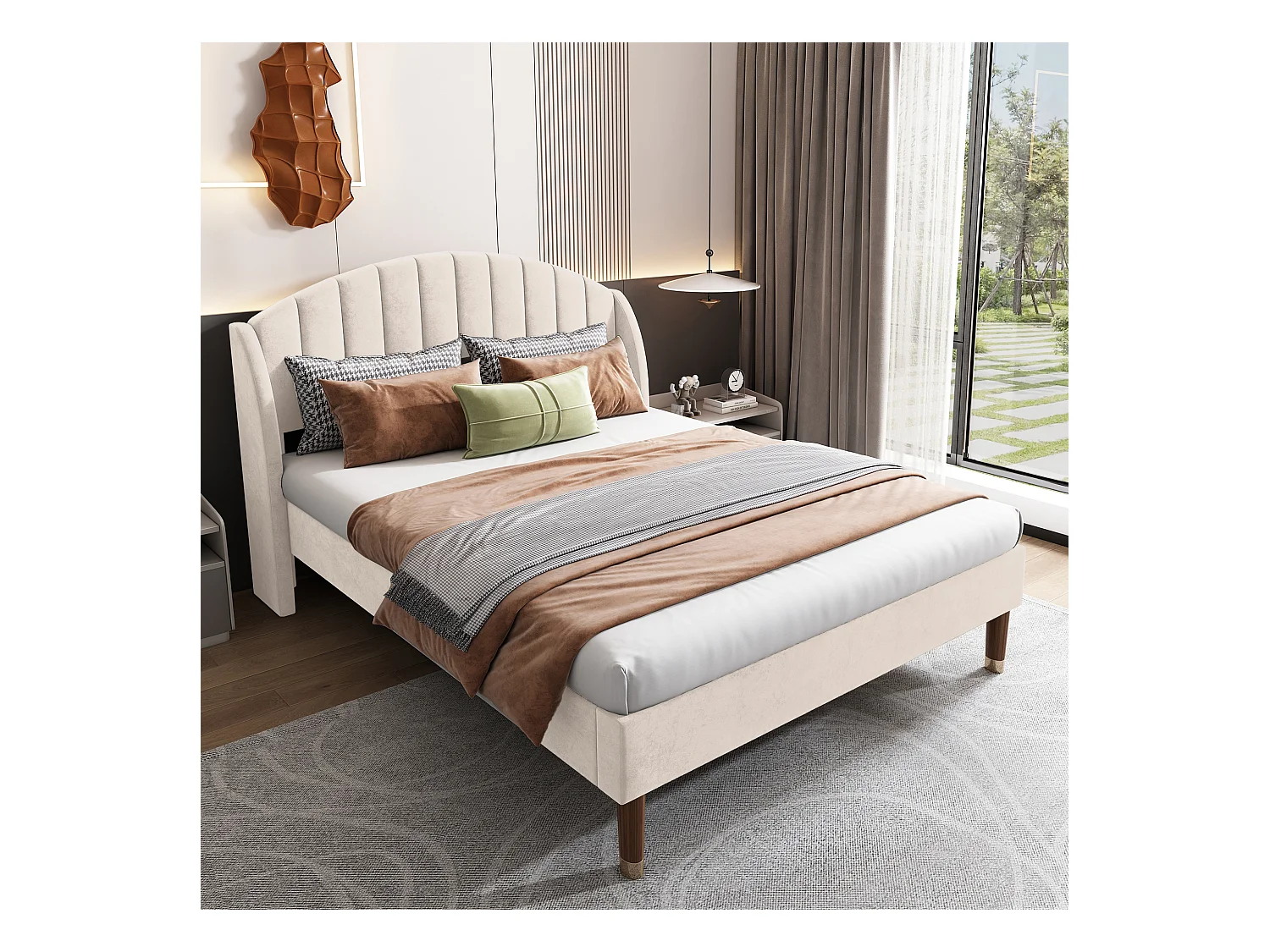 Tweepersoonsbed 140x200 cm - Volwassen bed met hoofdeinde en houten lattenbodem - beige fluweel