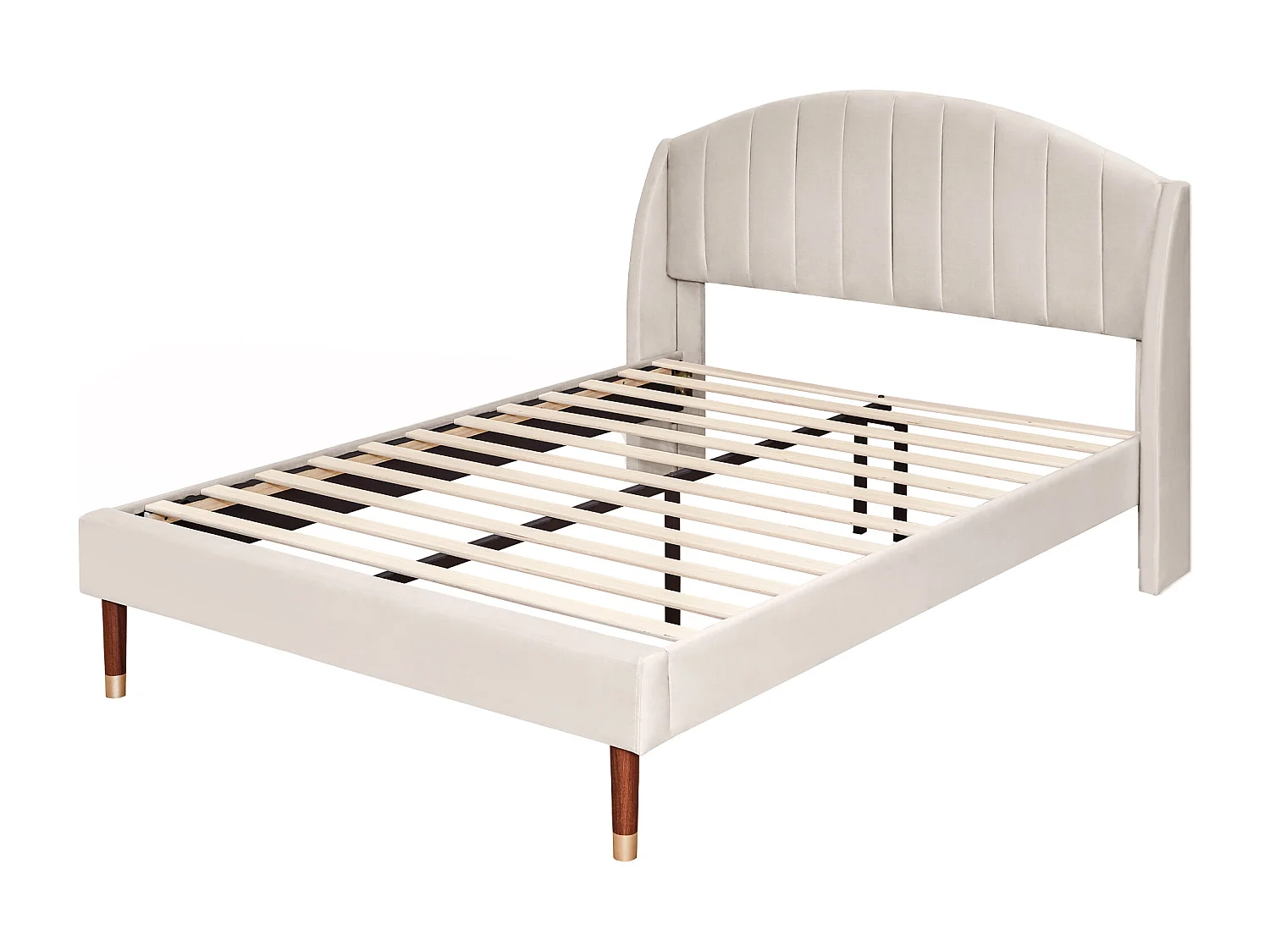 Tweepersoonsbed 140x200 cm - Volwassen bed met hoofdeinde en houten lattenbodem - beige fluweel