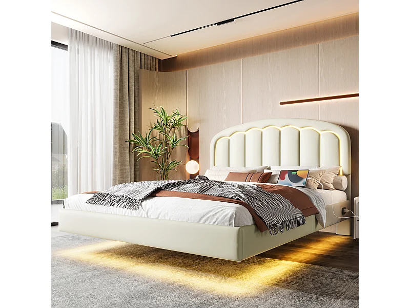 Cama tapizada 160x200 cm - Cama de matrimonio con cabecero en forma de pétalo e iluminación LED - PU blanco