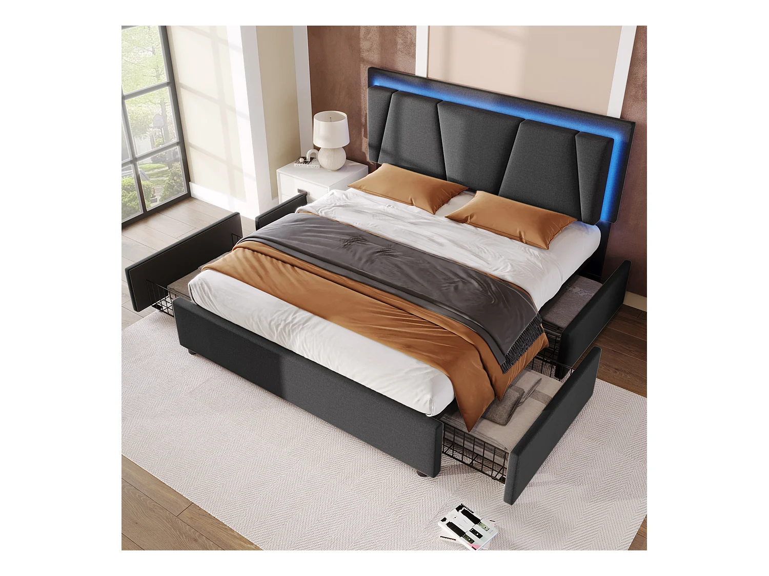 Lit adulte 160x200 cm - Lit double avec tête de lit réglable et 4 tiroirs - Éclairage LED - gris