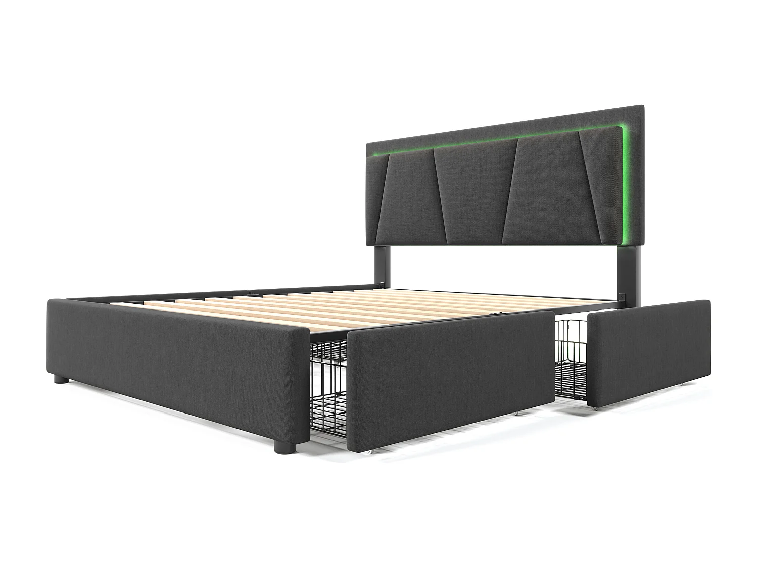 Lit adulte 160x200 cm - Lit double avec tête de lit réglable et 4 tiroirs - Éclairage LED - gris