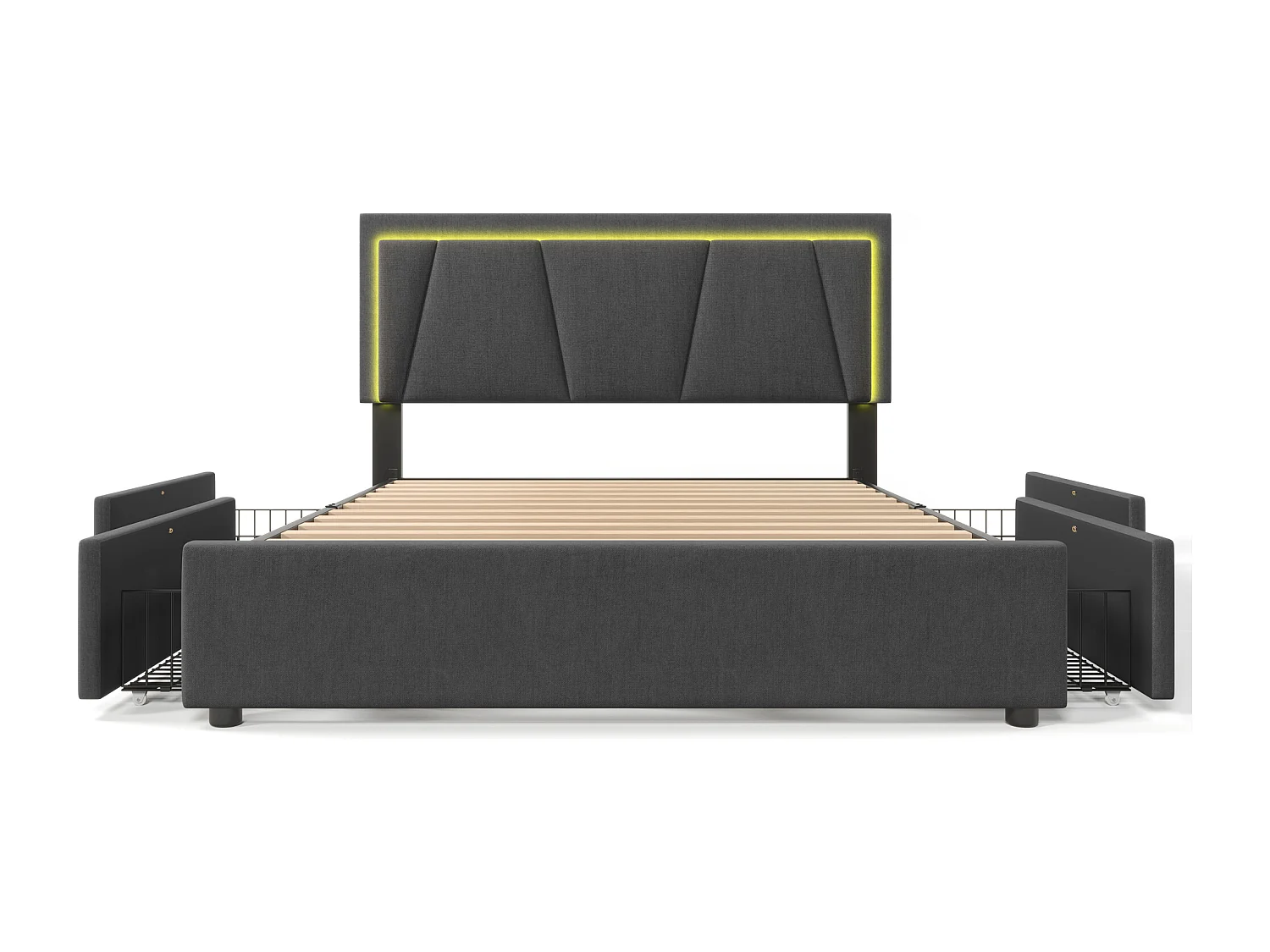 Lit adulte 160x200 cm - Lit double avec tête de lit réglable et 4 tiroirs - Éclairage LED - gris