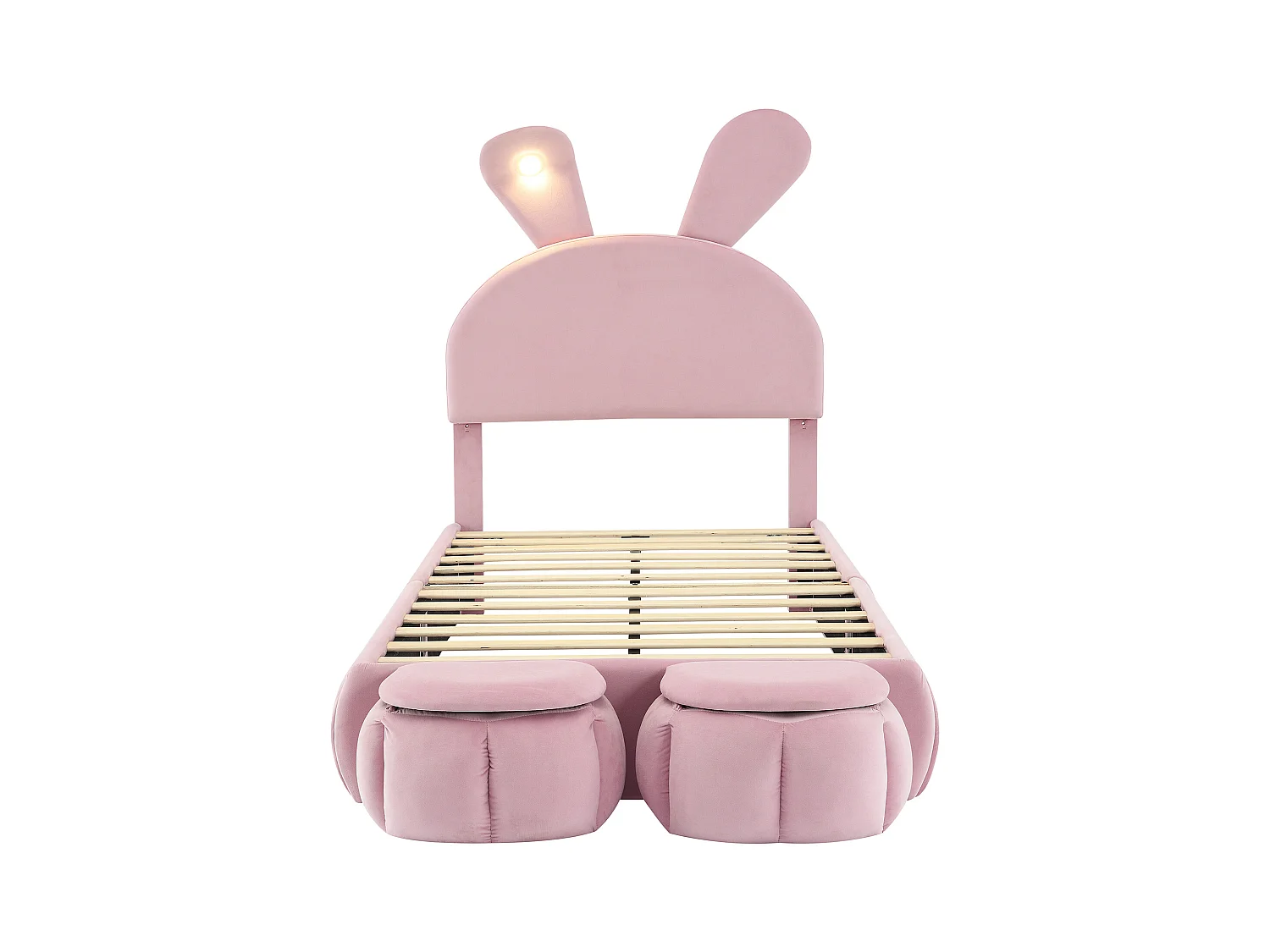 Cama simples infantil 90x200cm, em veludo rosa com orelhas de coelho, LED e armazenamento divertido (sem colchão)