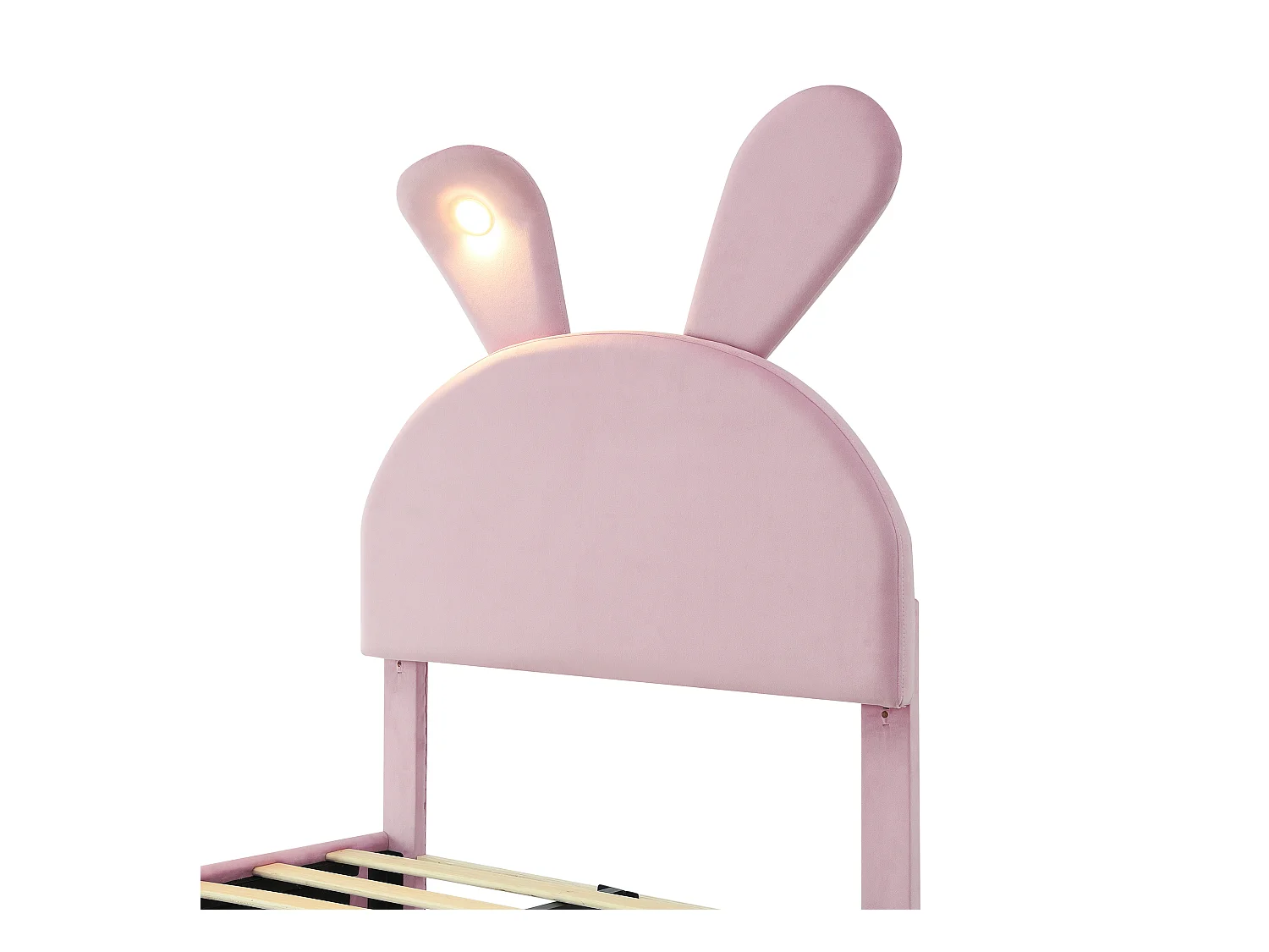 Cama simples infantil 90x200cm, em veludo rosa com orelhas de coelho, LED e armazenamento divertido (sem colchão)