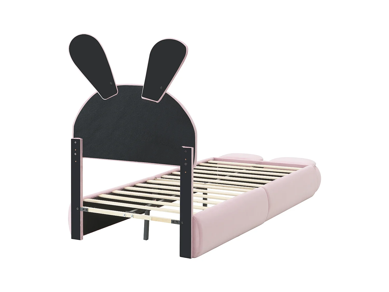 Cama simples infantil 90x200cm, em veludo rosa com orelhas de coelho, LED e armazenamento divertido (sem colchão)