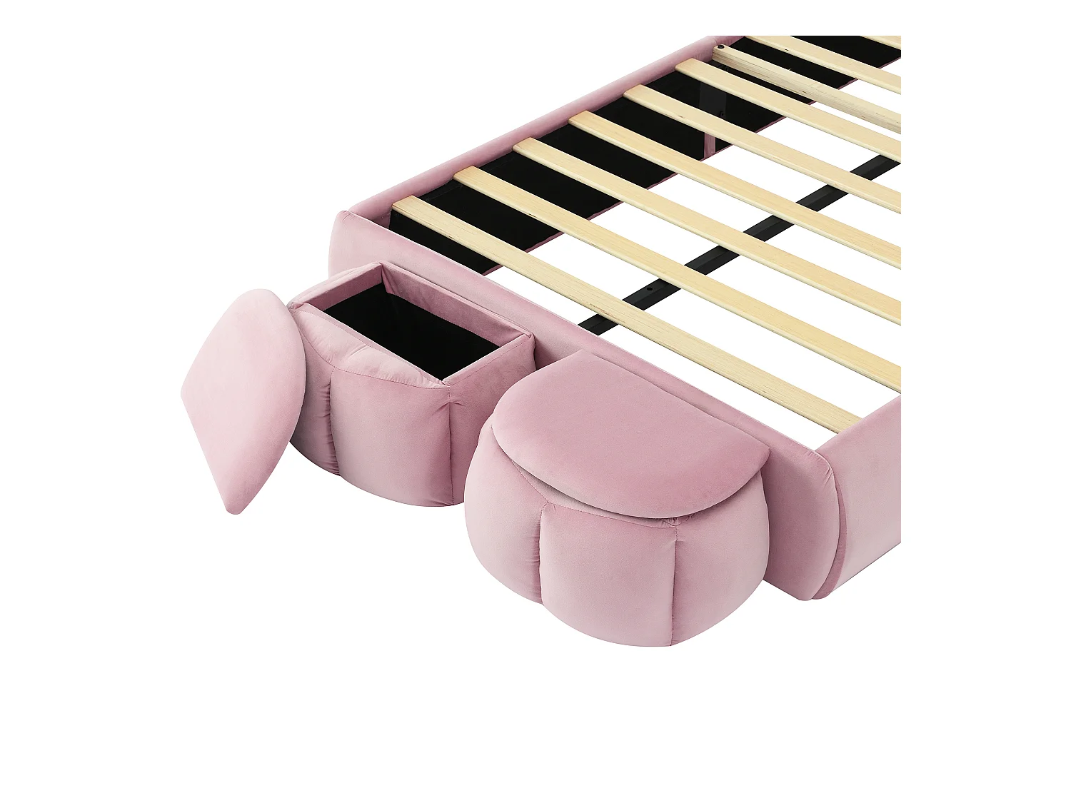 Cama simples infantil 90x200cm, em veludo rosa com orelhas de coelho, LED e armazenamento divertido (sem colchão)