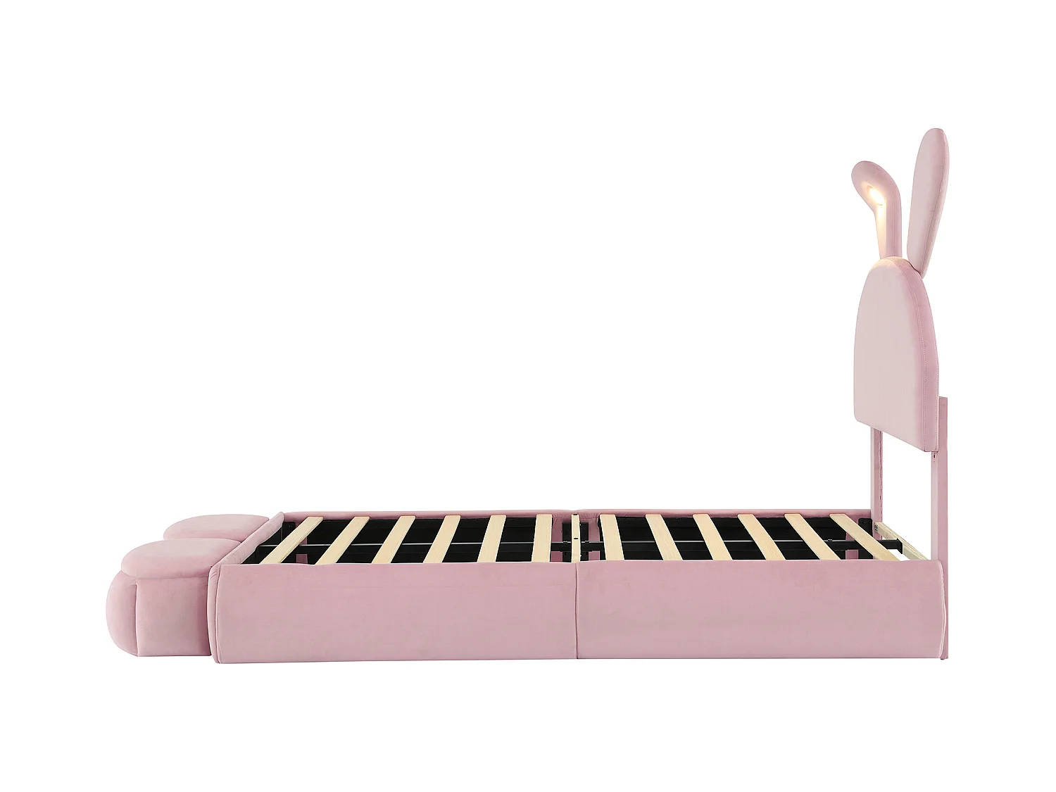 Cama simples infantil 90x200cm, em veludo rosa com orelhas de coelho, LED e armazenamento divertido (sem colchão)