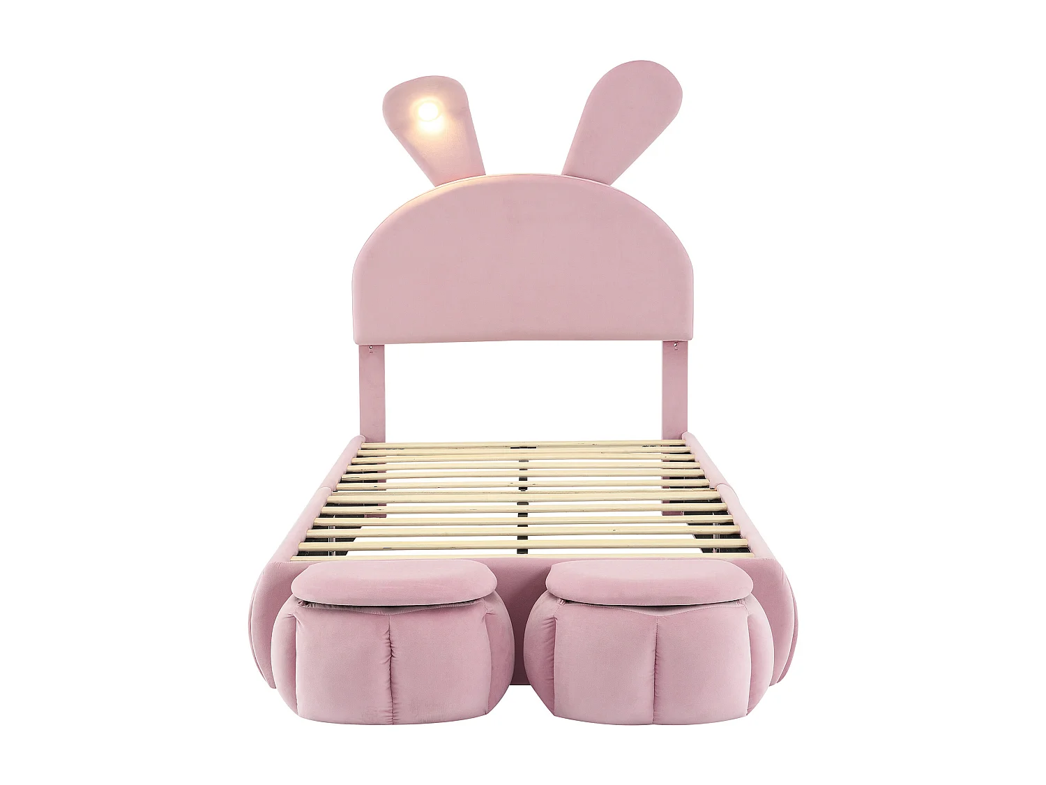 Cama individual infantil 90x200cm, en terciopelo rosa con orejas de conejo, LED y almacenamiento divertido (sin colchón)