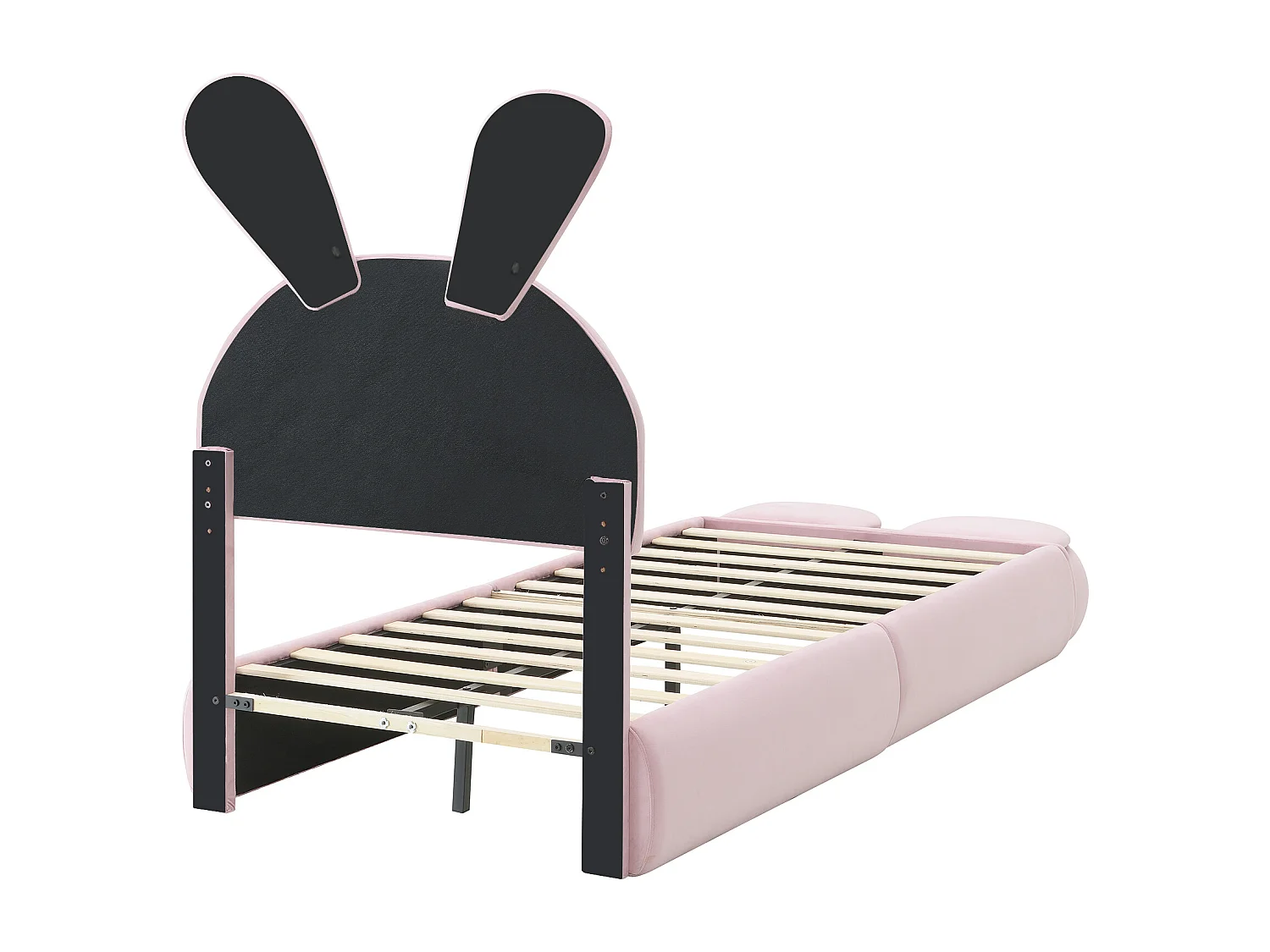 Cama individual infantil 90x200cm, en terciopelo rosa con orejas de conejo, LED y almacenamiento divertido (sin colchón)