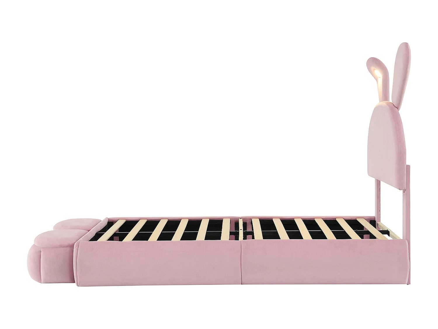 Cama individual infantil 90x200cm, en terciopelo rosa con orejas de conejo, LED y almacenamiento divertido (sin colchón)