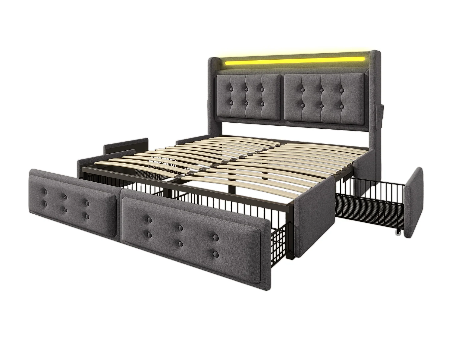 Lit 140x200cm gris avec 4 tiroirs, lit adulte double rembourré, LED + USB C, sans matelas, coton lin