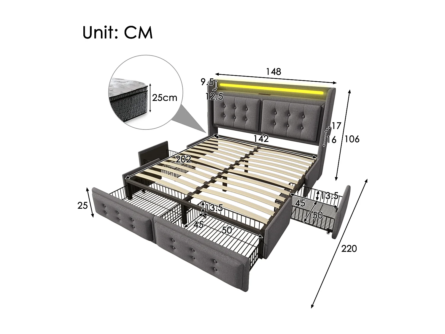 Cama 140x200 cm cinza com 4 gavetas, cama de casal estofada para adultos, LED + USB C, sem colchão, algodão linho