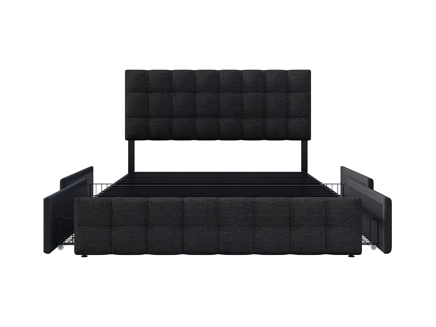 Lit double 140x200 cm - Lit adulte avec 4 tiroirs de rangement - Tête de lit réglable - Lin noir