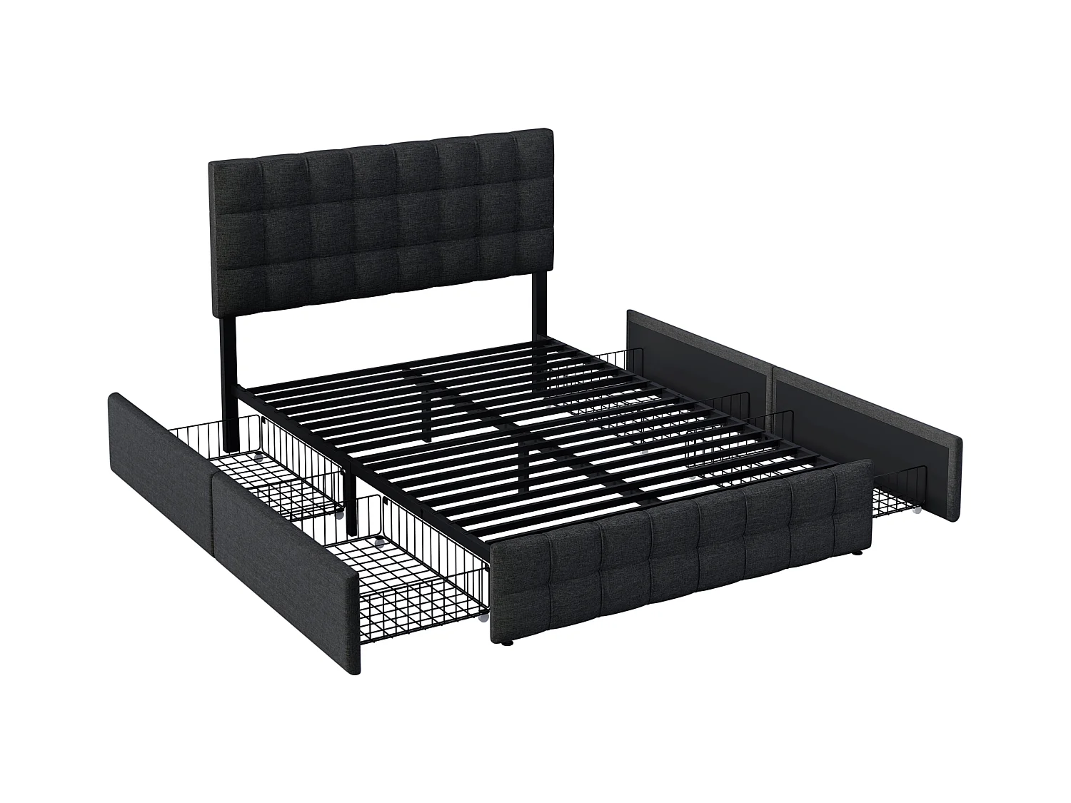 Lit double 140x200 cm - Lit adulte avec 4 tiroirs de rangement - Tête de lit réglable - Lin noir